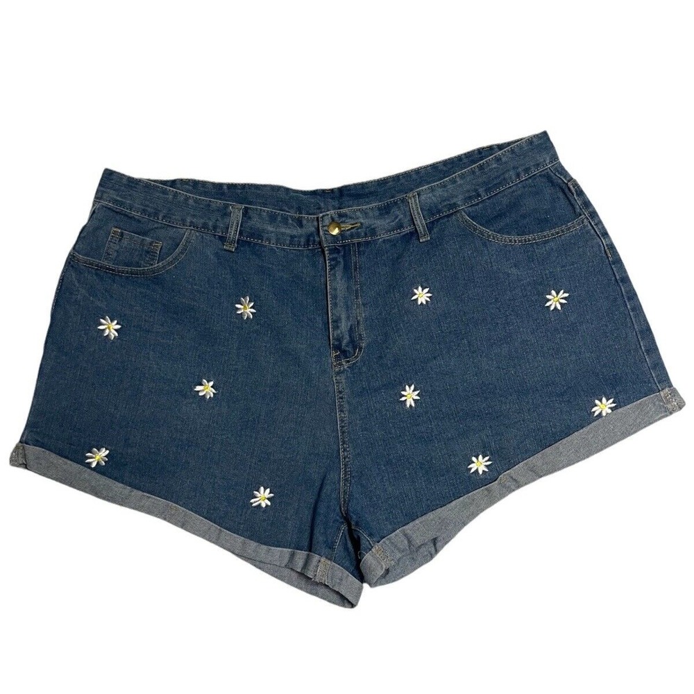 Shein Womens Plus Size 4XL Daisy Embroidered Cuffed Denim High Waisted Shorts